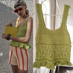 Brand New Chic Sleeveless Crochet Top With Ruffles, Trendy Ruffled Knit Top For Summer, Fitted Crochet Top With Ruffles For Spring, Summer Knit Top With Ruffles, Green Casual Crochet Top With Knit Fabrication, Casual Green Crochet Top With Knit Fabrication, Trendy Green Crochet Top For Spring, Sleeveless Knit Top With Ruffles, Green Knit Top For Summer