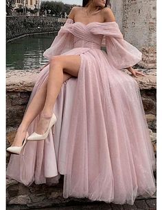 A-Line Prom Dresses Corsets Dress Formal Floor Length Long Sleeve Off Shoulder Tulle with Glitter Ruched Slit 2023 9354695 2023 – $154.99 Corset Dress Formal, Minimal Stil, Ben Ben, Robes Glamour, A Line Evening Dress, Corset Dress Prom, فستان سهرة, A Line Prom Dresses, Pink Tulle