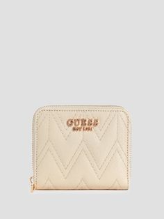 Faux-leather small wallet Quilted G shine construction Shiny gold-tone hardware Enamel triangle logo Slip pocket Coin pocket 4 Card slops 4.25"W x 3.75"H x 1"D Triangle Logo, Small Wallet, Clutch Wallet, Clutch Handbag, Zip Around Wallet, Gold Tones, Women Handbags, Coin, Faux Leather