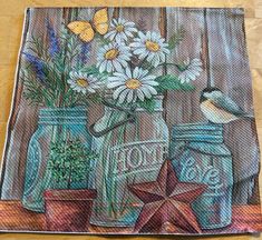 a painting of mason jars with daisies and butterflies in them on a wooden table