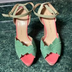 Charlotte Olympia Heels Chic Green Heels With Contrasting Heel Counter, Green Closed Toe Heels With Contrasting Heel Counter, Green Heels With Contrasting Heel Counter And Round Toe, Green Wedge Heels With Heel Strap, Charlotte Olympia Shoes, Charlotte Olympia, Olympia, Shoes Women Heels, Shoes Heels