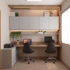 an office with two chairs and a desk