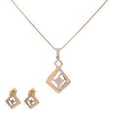 Add a touch of glamour to your look with this exquisite 18k rose gold necklace and earring set from Virani Jewelers. This gold necklace set showcases exquisite designs and the mesmerizing brilliance of cubic zirconia stones. The accompanying gold stud earrings perfectly complement the 18k necklace, creating a captivating ensemble that exudes grace and elevates your style to new heights. Features • 18k rose gold • Cubic zirconia Specifications: • Minimum Earring Width - 1 millimeter • Maximum Ear Rose Gold Diamond Jewelry Sets For Anniversary, Dazzling Rose Gold Diamond Jewelry Sets, Elegant Rose Gold Jewelry Sets With Diamond Accents, Elegant Rose Gold Diamond Jewelry Sets, Formal Rose Gold Jewelry Sets With Diamond Accents, Rose Gold Fine Jewelry Sets For Formal Occasions, Formal Rose Gold Fine Jewelry Sets, Formal Rose Gold Cubic Zirconia Diamond Necklace, Formal Rose Gold Plated Diamond Necklace