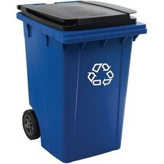 a blue plastic trash can with wheels