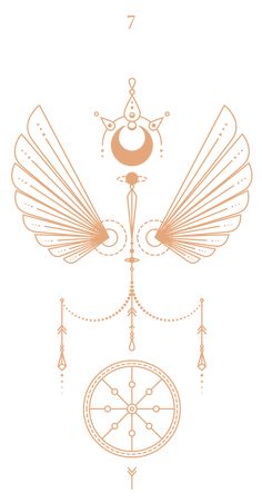 an orange and white drawing of a clock with wings