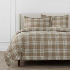 a brown and white plaid comforter set