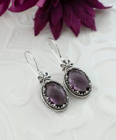 Elegant Oval Sterling Silver Earrings, Ornate Purple Sterling Silver Earrings, Fine Jewelry Oval Sterling Silver Earrings, Oval Sterling Silver Earrings Fine Jewelry, Ornate Gemstone Earrings In Sterling Silver, Ornate Sterling Silver Gemstone Earrings, Silver Crystal Gemstone Earrings In Fine Jewelry Style, Fine Jewelry Silver Oval Earrings, Silver Gemstone Crystal Earrings