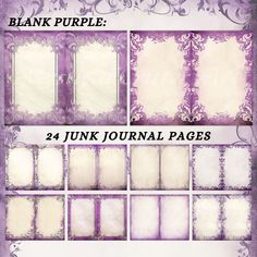 the purple and white paper is displayed in this photo collage with ornate borders, scrolls,