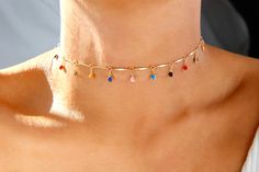 Adjustable with extender from 12.0 to 15.0 inches, for other custom lengths please write your preferred measurements in the order note x Gem Choker Necklace, Adjustable Rainbow Choker Jewelry, Rainbow Choker Jewelry As A Gift, Rainbow Choker Jewelry As Gift, Adjustable Dainty Multicolor Choker, Adjustable Multicolor Dainty Choker, Dainty Adjustable Multicolor Choker, Dainty Adjustable Choker With Dangle, Trendy Rainbow Choker As A Gift