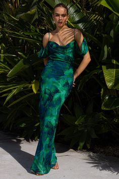 LITSA MAXI DRESS - CALISTA GREEN Majlis Perkahwinan, Runaway The Label, Draped Sleeves, Drape Sleeves, Backless Maxi Dresses, Sling Dress, Cowl Neckline, Plant Print, Girly Fashion