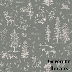 an image of forest animals and trees in white on grey background, for wallpaper or fabric