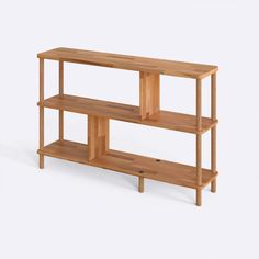 a wooden shelf with three shelves on each side