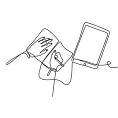 a line drawing of a tablet being held by a hand with a spatula in it