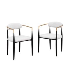 two chairs with black legs and white upholstered cushions, one has a gold metal frame