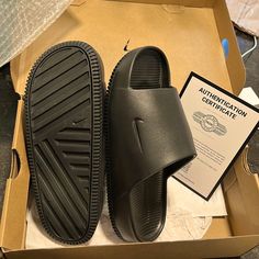 Black Nike Slides Luxury Synthetic Basketball Shoes With Cushioned Footbed, Nike Black Slides With Rubber Sole, Black Nike Slides With Branded Insole, Nike Calm Slides, Nike Sandal, Black Nike Slides, Slides Nike, Nike Slippers, Nike Shoes New