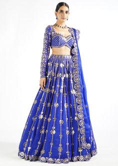 Fully embellished with real hand cut mirror and zari lehenga and dupatta with scallop border clubbed with a fully embellished mirror work blouse. Zari Lehenga, Royal Blue Lehenga, Embellished Lehenga, Net Blouse, Lehenga Dupatta, Mirror Work Blouse, Scallop Border, Georgette Dupatta, Organza Blouse