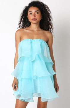 Aqua Strapless Mini Dress Ruffle Organza Open Back Strapless Ruffle Mini Dress, One Strap Dress, Turquoise Mini Dress, One Strap Dresses, Hoco Inspo, Dress Ruffles, Ruffle Mini Dress, Little White Dresses, Strapless Mini Dress