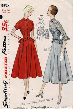 1950's Simplicity 3398 Vintage Sewing Pattern - Junior Misses' and Misses' One-Piece Dress and Jacket: This party dress features a strapless bodice and a full skirt and peplum. In Style 1 the bodice, peplum and jacket may be fashioned of lace fabric. The jacket features three-quarter sleeves ending in a full ruffle. In Style 2 the jacket is short sleeved with a scalloped sleeve edge. Both jackets close with loops and buttons. Size: 16 Bust: 34 Waist: 28 Hip: 37 Copyright: 1950 Pattern is: Uncut, Vintage Fitted Dress With Full Skirt, Vintage Dress With Full Skirt And Fitted Top, Fitted Full Skirt Vintage Dress For Vintage Fashion, Fitted Full Skirt Vintage Dress, Fitted Vintage Dress With Full Skirt For Vintage Fashion, Fitted Dress With Vintage Pattern For Vintage Events, Fitted Vintage Dress, Vintage Dresses With Fitted Waist, Vintage Dress With Fitted Bodice And Full Skirt