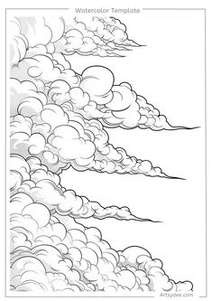 a drawing of clouds in the sky with watercolor templates on top and bottom