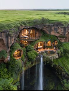 a house built into the side of a cliff with a waterfall in front of it