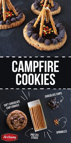 an advertisement for campfire cookies with chocolate chips and pretzels