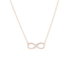 Complete your look of timeless elegance with this 'Always & Forever' Infinity Diamond Necklace! Crafted with two round brilliant diamonds nestled together in a 14 karat gold infinity symbol, it hangs perfectly on an 18 inch chain. Perfect for layering or wearing solo, 1/10 carat of diamonds will make sure you shine, always and forever! Elegant Rose Gold Infinity Necklace, Rose Gold Infinity Jewelry With Diamond Accents, Timeless Infinity Diamond Jewelry, 14k Gold Infinity Jewelry With Diamond Accents, Infinity Necklace With Diamond Accents For Formal Occasions, Formal Infinity Necklace With Diamond Accents, Infinity Shape Fine Jewelry Necklace For Formal Occasions, Infinity Necklace With Diamond Accents, Elegant Infinity Necklace With Brilliant Cut