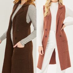 "Introducing our Sleeveless Long Cardigan Knit Vest, the perfect layering piece for any season. Made from a soft and cozy fabric, this vest is designed to keep you comfortable and stylish. The collared neckline adds a touch of sophistication, while the four front buttons create a classic and elegant look. With its sleeveless design and no closure, this cardigan vest offers a relaxed and effortless style that is easy to wear. -No front Closure Small (2/4) 12\" Back Width, Medium (6/8), Large (10) Fall Workwear Knitted Sweater Vest, Knitted Winter Vest, Cozy Sweater Vest For Winter Workwear, Knit Sweater Vest For Workwear In Winter, Winter Knit Sweater Vest For Workwear, Fitted Winter Sweater Vest, Sleeveless Sweater Vest For Winter Layering, Fitted Sweater Vest For Winter, Winter Layering Solid Color Sweater Vest