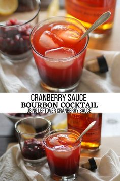 cranberry sauce bourbon cocktail is served in small glasses and garnished with berries