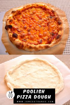 a pizza sitting on top of a wooden cutting board next to an uncooked pizza