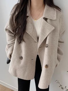 Faux Woolen Coat Women Autumn Winter Lapel Jacket Female Korean Fashion Double Breasted Outerwear Winter Coat Short, Woolen Coat Woman, Winter Fashion Jackets, Chic Coat, Elegantes Outfit, Loose Outfit, Woolen Coat, Wool Blend Coat, 가을 패션