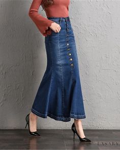 Lasaky - Premium Midnight Blue High-Waisted Buttoned Pencil Skirt with Exquisite Whitewashed Detailing - Available in Various Sizes 26-40 Fishtail Skirt, High Waisted Pencil Skirt, Swimwear Sets, Mermaid Skirt, Skirt Skirt, Color Fabric, Types Of Skirts, Olivia Mark, White Wash