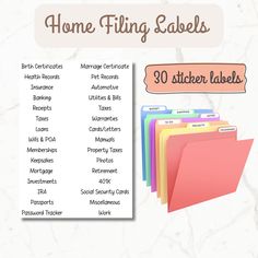 the home filing labels are available in 30 different colors and sizes, including pink, yellow, blue, green, red