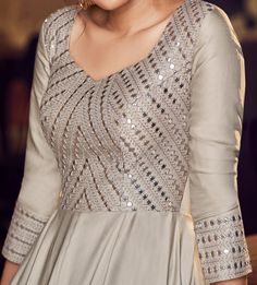 Dusty Gray Designer Embroidered Satin Anarkali Gown-Saira's Boutique Satin Anarkali, Grey Anarkali, Indian Anarkali Dresses, Dusty Gray, Floor Length Anarkali, Indian Anarkali, Gown Suit, Ethnic Gown, Designer Gown