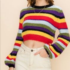 Multi-Color Striped Cropped Sweater Slight Flare/Bell Sleeve 65% Acrylic 35% Nylon Striped Cropped Sweater, Wide Sleeve Sweater, Long Sweaters For Women, Drawstring Jacket, Floral Pullover, Leopard Print Sweater, Boho Fall, Bell Sleeve Sweater, Knit Sweater Dress