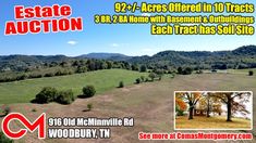 the real estate auction flyer is shown in red and white, with an image of a farm