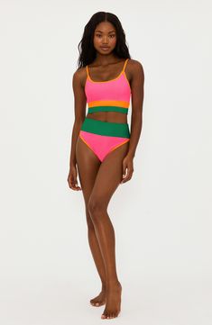 A color-blocked design defines this ribbed bikini top that's ready for some fun in the sun. Lined Adjustable straps 82% polyester, 18% spandex Hand wash, dry flat Made in the USA Bold Pink Swimwear For Pool, Multicolor Nylon Swimwear For Sunbathing, Pink Color Block Swimwear For Sports, Pink Contrast Color Beach Swimwear, Pink Contrast Color Swimwear For Beach, Bold Pink Swimwear For Summer, Color Block Beachwear Swimwear For Spring, Sporty Multicolor Triangle Top Swimwear, Bold Pink Summer Swimwear