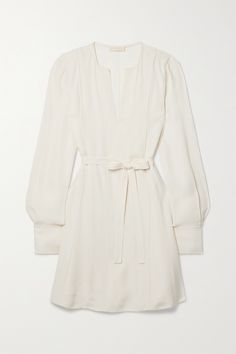 Ulla Johnson's 'Daisy' dress is the perfect addition to capsule wardrobes that lean bohemian - the minimal design ensures it won't go out of style. Made from panels of crepe, it has a V-neckline and coordinating self-tie belt to cinch the slightly loose fit. Wear yours with flats and a tote. All White Classy Outfit, Church Outfit Dress, Zara Closet, White Button Dress, Dressy Fall Dresses, Viva Forever, Virgo Rising, Dress Reference, Dress Minimalist