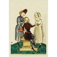 an image of a man and two women in medieval clothing, one is holding the hand of another woman