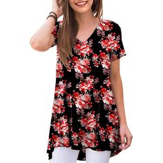 This short casual tunic top for women features a stylish V-neck design. The soft and lightweight fabric will make you feel fresh this summer. Embracing the floral trend, it emerges as one of the most popular styles in 2024.The short sleeves make it both dressy and casualyou can wear it for a date night or as a casual summer short-sleeve t-shirt. With its loose-fit style and stretchy soft material, this women's short sleeve summer top is the perfect match for your laid-back and easygoing summer o Red Printed V-neck T-shirt, Casual Floral Print V-neck Top For Summer, Vacation Floral Print V-neck T-shirt, Casual Stretch V-neck Top For Summer, Casual Summer V-neck Top With Floral Print, Casual Floral Print Short Sleeve V-neck Top, Stretch Floral Print V-neck Top, Casual Short Sleeve V-neck Top With Floral Print, Casual V-neck Top With Short Sleeves And Stretch