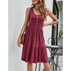 Burgundy Cotton Blend U Neck Sleeveless Button Tank Dress Sleeveless Sundress With Button Closure, Solid Sleeveless Dress With Buttons, Sleeveless Midi Dress With Buttons For Vacation, Casual A-line Sleeveless Dress With Buttons, Sleeveless Button Sundress For Day Out, Sleeveless Button Closure Midi Dress For Beach, Sleeveless Sundress With Buttons For Day Out, Sleeveless Midi Dress With Button Closure For Beach, Casual Sleeveless Dress With Buttons