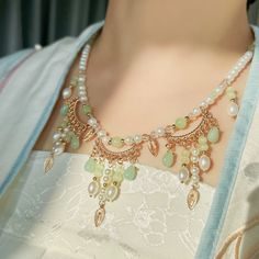 Yingluo 璎珞 Pearl & Jade Necklace – Nüwa Hanfu Jade Clavicle Chain Necklace, Elegant Jade Pendant Crystal Necklace, Elegant Green Pearl Drop Necklaces, Elegant Green Necklaces With Pearl Drop, Elegant Green Jade Crystal Necklace, Bohemian Green Jewelry With Clavicle Chain, Bohemian Green Clavicle Chain Jewelry, Green Bohemian Jewelry With Clavicle Chain, Elegant Jade Necklace For Wedding