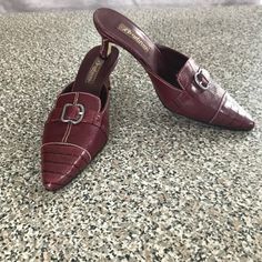 Very Nice Pair Of Wine Colored Leather Brighton Mules/Slides Never Worn. Sad To See These Go. Red Formal Slip-on Mules, Burgundy Leather Heels With Pointed Toe, Formal Red Leather Mules, Trendy Leather Mules For Formal Occasions, Trendy Burgundy Heels For Formal Occasions, Burgundy Leather Heels For Spring, Casual Burgundy Pointed Toe Heels, Elegant Red Closed Toe Mules, Colored Leather