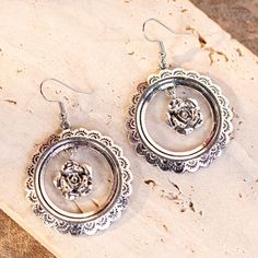 Wrangler Etched Circle Rose Dangling Earring - Cowgirl Wear Festival Concho Dangle Jewelry, Silver Concho Metal Jewelry, Vintage Metal Jewelry With Rose Design, Adjustable Pierced Metal Flower Earrings, Silver Metal Jewelry With Rose Design, Rose Earring, Western Earrings, Rose Earrings, Silver Earrings Dangle