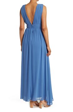 Dreamy pintucking shapes the bodice of this ethereal chiffon maxi dress that's perfect for weddings and other special occasions. 59" length (size S) V-neck Sleeveless Back zip closure 100% polyester Machine wash, dry flat Imported Model Stats: 5'10" height; 34" bust; 27" waist; 35" hips. Model is wearing size S. Blue Chiffon V-neck Bridesmaid Dress, V-neck Ruched Maxi Dress For Wedding, Chiffon Maxi Dress With Ruched V-neck, Ruched Chiffon Maxi Dress With V-neck, V-neck Maxi Dress With Ruched Bodice For Bridesmaid, V-neck Maxi Dress With Pleated Back For Wedding, Blue V-neck Maxi Dress For Prom, V-neck Maxi Dress With Pleated Back For Gala, Blue Chiffon Maxi Dress For Wedding Guest