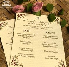 two wedding programs with pink flowers on top of them and the words do's written in