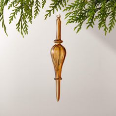 a glass ornament hanging from a tree branch