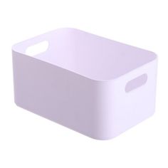 a white plastic storage box with handles on the top and bottom, is shown in front of a white background