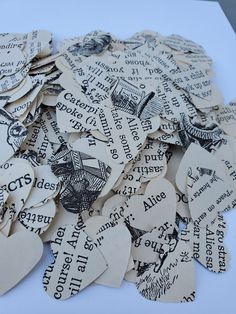 several pieces of paper cut into hearts with the words crochet on them, all in black and white