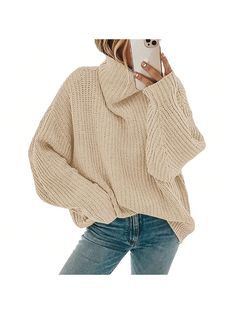 PiePieBuy Women's Turtleneck Long Sleeve Sweaters Knit Oversized Slouchy Fall Pullover Jumper Tops Beige Casual  Long Sleeve  Plain Pullovers   Women Clothing, size features are:Bust: ,Length: ,Sleeve Length: Long Sleeve Sweaters, Fall Pullover, Waffle Knit Sweater, Turtleneck Long Sleeve, Womens Turtleneck, Casual Streetwear, Knitwear Women, Women Pullover, Long Sleeve Sweatshirts