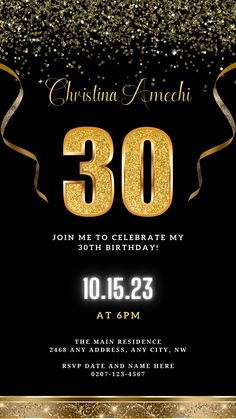 a black and gold 30th birthday party card with the number 30 on it's front